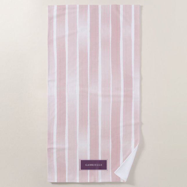 Pink Stripes Watercolor Boardwalk Name on Beach Towel (Front)