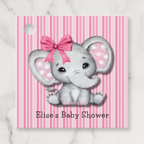 Pink Stripes Watercolor Elephant Girl Baby Shower Favor Tags