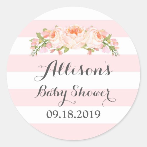 Pink Stripes Watercolor Floral Baby Shower Tag