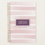 Pink Stripes Watercolor Painted   Name Plum Purple Planner<br><div class="desc">Blush pink watercolor painted stripes with an elegant and chic plum purple personalized square with your name or other custom wording on the front of an undated planner that can be used for work,  business scheduling,  or school.</div>
