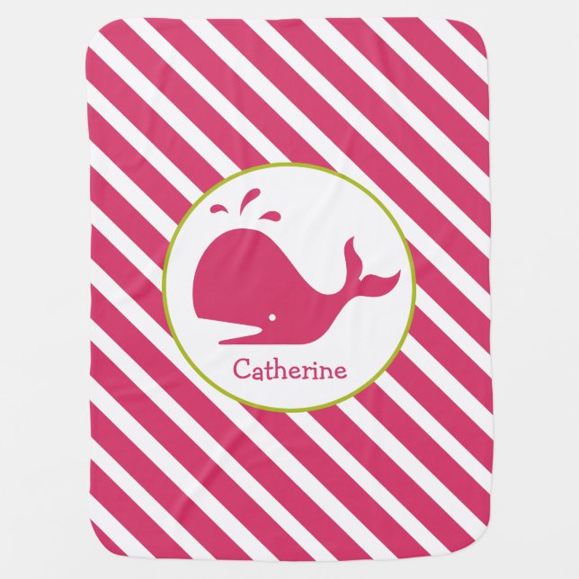 Pink Stripes + Whale Personalized Baby Blanket (Front)