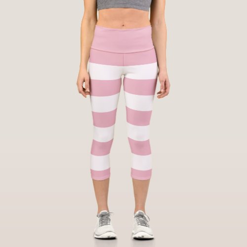 Pink Stripes White Stripes Striped Pattern Capri Leggings