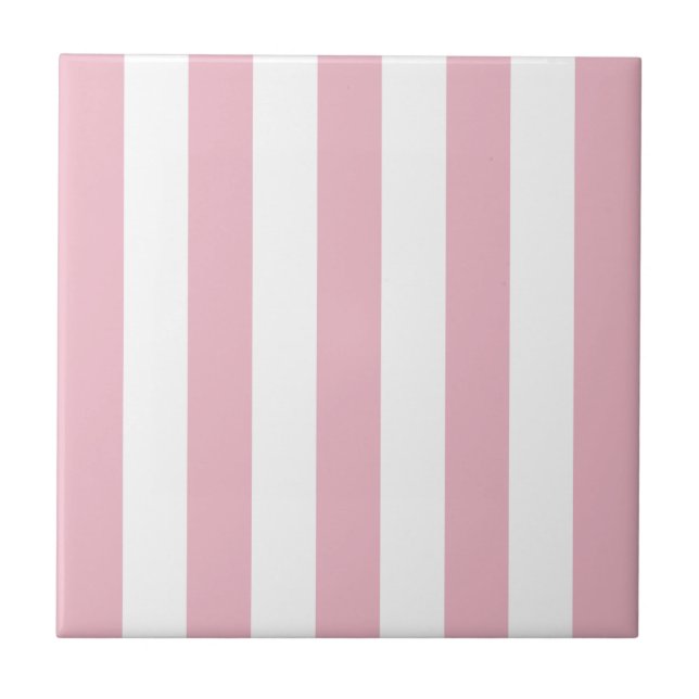 Pink Stripes, White Stripes, Striped Pattern Ceramic Tile (Front)