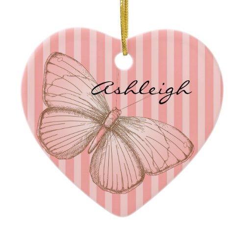 Pink Stripes with Butterfly Ceramic Ornament