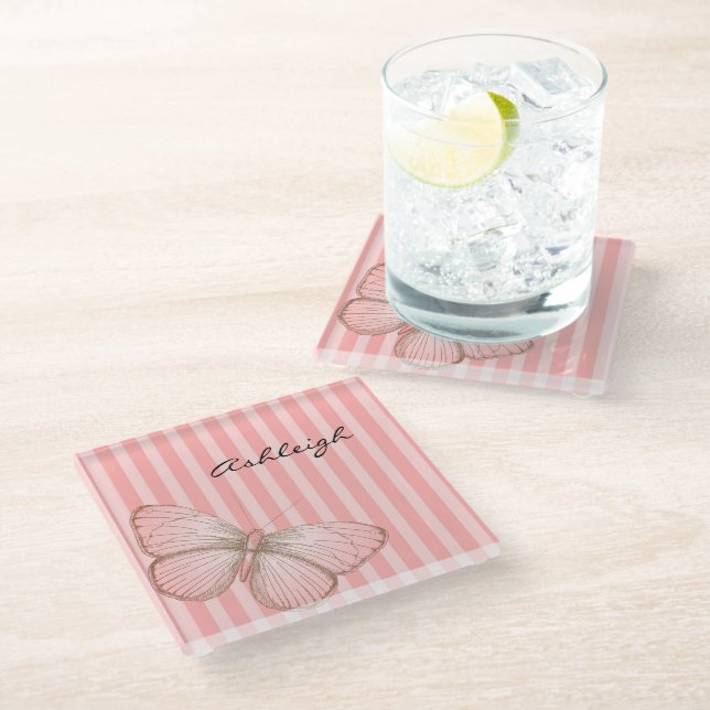 Pink Stripes with Butterfly Glass Coaster (Angled)