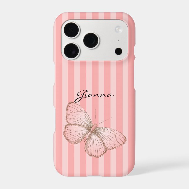 Pink Stripes with Butterfly iPhone Case (Back)