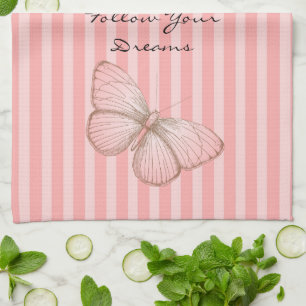 Pink Stripes with Butterfly Kitchen Towel