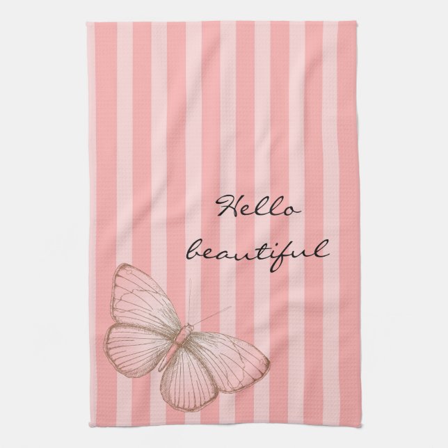 Pink Stripes with Butterfly Kitchen Towel (Vertical)