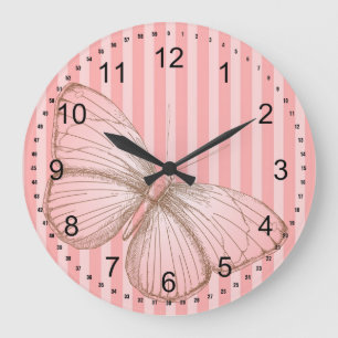 Pink Stripes with Butterfly Large Clock
