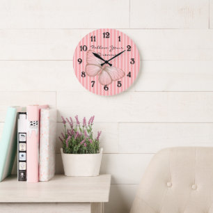 Pink Stripes with Butterfly Large Clock