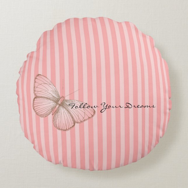 Pink Stripes with Butterfly Round Pillow (Front)