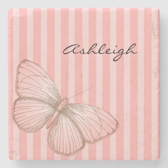 Pink Stripes with Butterfly Stone Coaster (Front)
