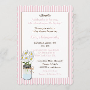 Pink Stripes with Flowers in Mason Jar Baby Shower Invitation