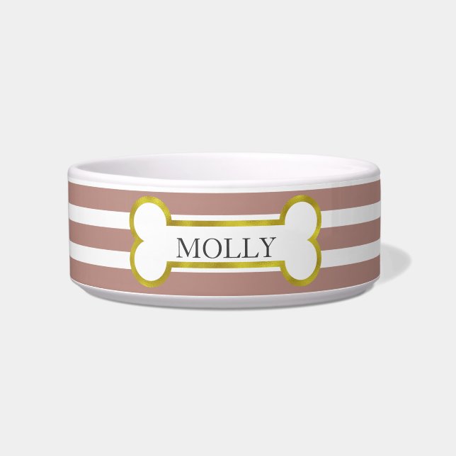 Pink Stripes with Gold Bone Personalized Pet Bowl (Front)