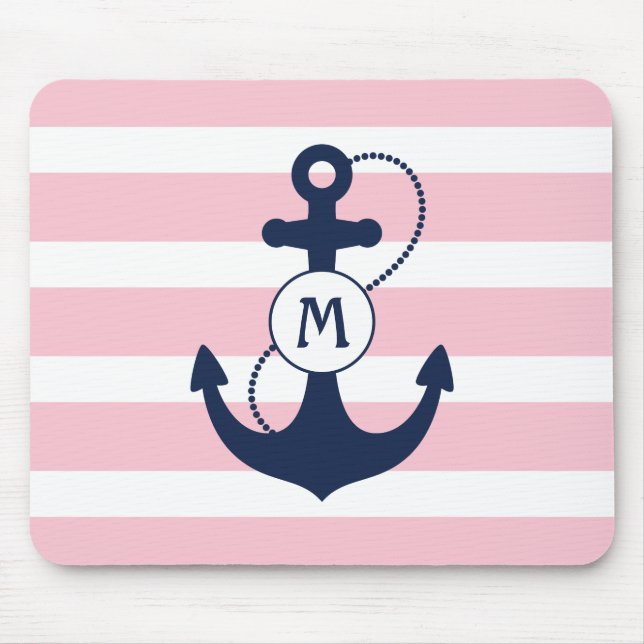 Pink Stripes with Nautical Anchor and Monogram Mouse Pad (Front)
