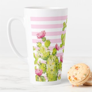 Pink Stripes with Prickly Pear Cactus Watercolor Latte Mug