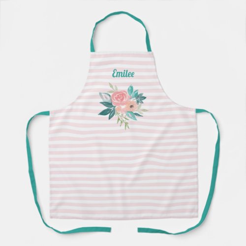 Pink Stripes with Watercolor Flowers and Monogram Apron