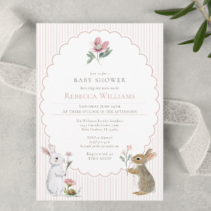 Pink Stripes Woodland Rabbit Girl Baby Shower Invitation