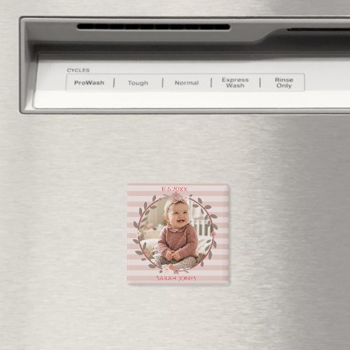 Pink Stripes Wreath Baby Photo Magnet
