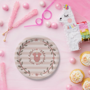 Pink Stripes Wreath Baby Shower Paper Plates
