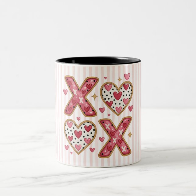 Pink Stripes XOXO hearts Two-Tone Coffee Mug (Center)