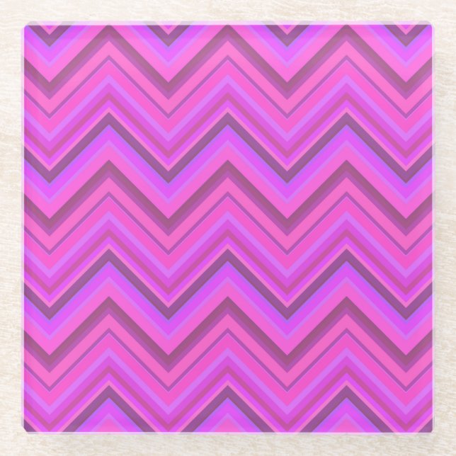 Pink stripes zigzag pattern glass coaster (Front)