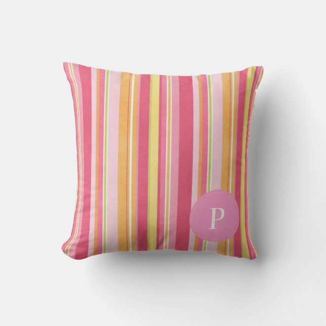 Pink Stripped Reversible Monogram Outdoor Pillow (Front)