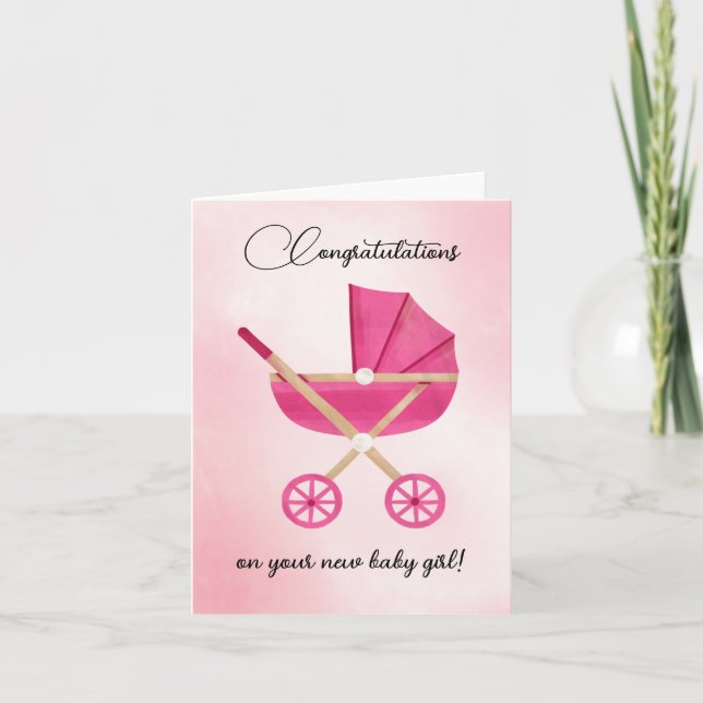 Pink stroller Baby Girl Congratulations Card (Front)