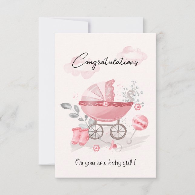 Pink Stroller baby girl congratulations card (Front)