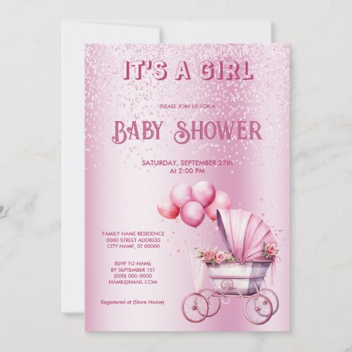 Pink Stroller Baby Shower Invitation