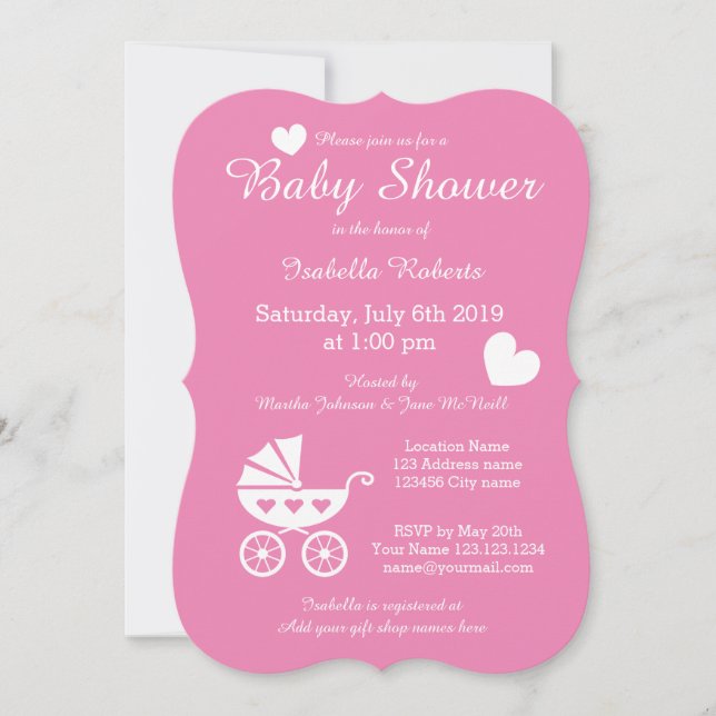 Pink stroller baby shower invitations for girl (Front)