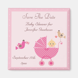 Pink Stroller & Birds Save The Date Baby Shower Magnet