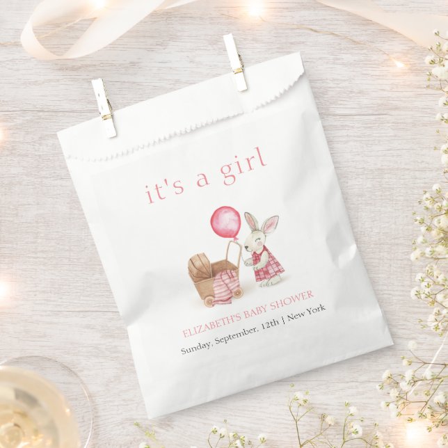 Pink Stroller Bunny Balloon Girl Baby Shower  Favor Bag (Clipped)