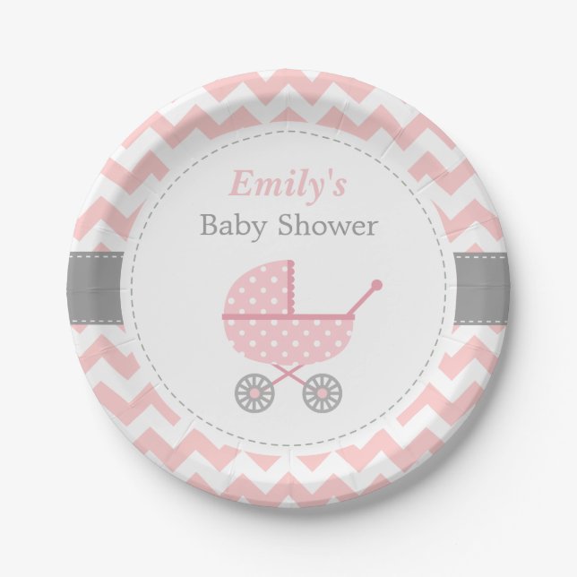 Pink Stroller Chevron Baby Girl Shower Supplies Paper Plates (Front)