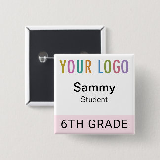 Pink Student Name Tag Button with School Logo
