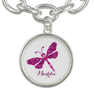 Pink stylised inked dragonfly art name charm bracelet