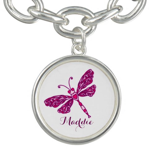 Pink stylised inked dragonfly art name charm charm bracelet