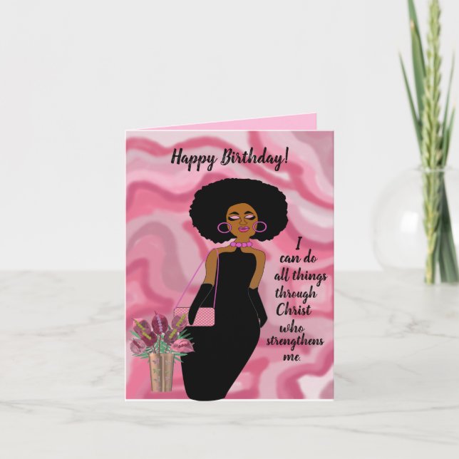 Pink Stylish African American Woman Scripture  Car Card (Front)
