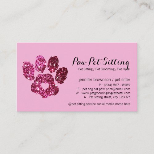 Pink Stylish Dog Cat Grooming Pet Sitter Paw Business Card