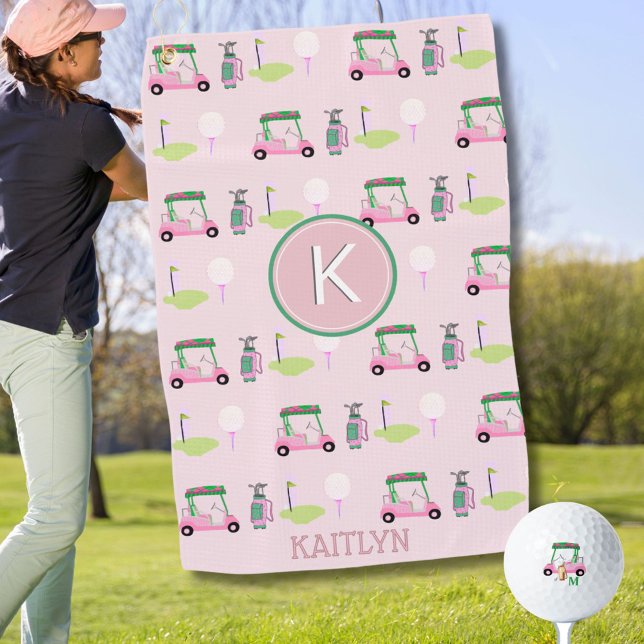 Pink Stylish Golf Design Custom Name Monogram Golf Towel (Creator Uploaded)