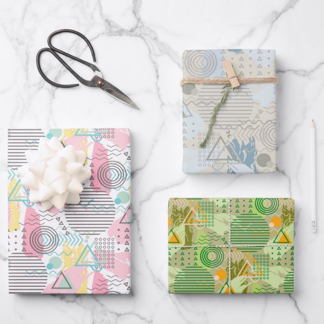 Pink Stylish Memphis Style 80s Pop Art Geometric Wrapping Paper Sheets (Front)