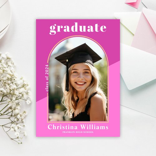 Pink Stylish Modern High School Photo Graduation Announcement