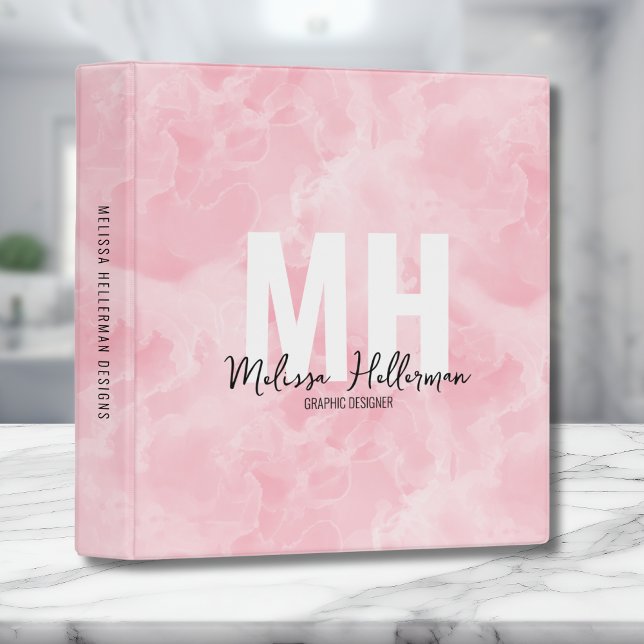 Pink Stylish Watercolor Monogram 3 Ring Binder (Chic Elegant Pink Marble Watercolor Monogram 3 ring binder)