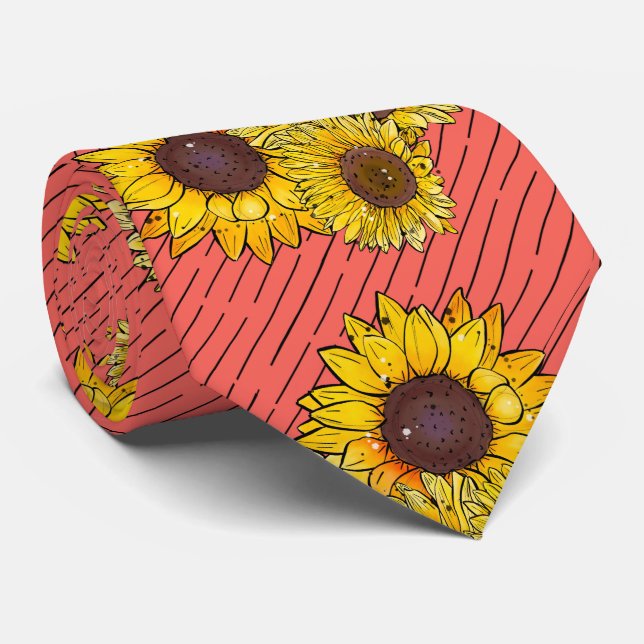 Pink Stylish Yellow Watercolor Sunflower Pattern  Neck Tie (Rolled)