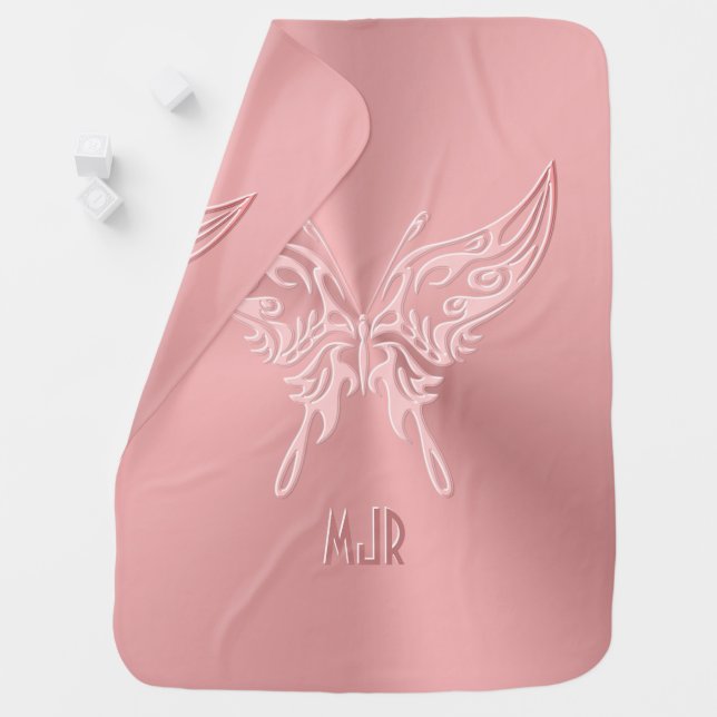Pink Stylized Butterfly Round Tail, Embossed-look Baby Blanket (In Situ)