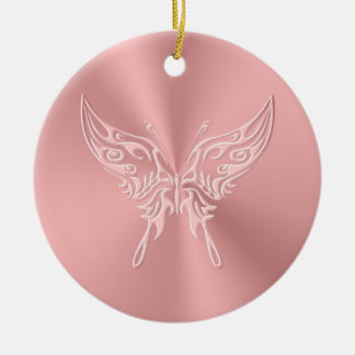 Pink Stylized Butterfly Round Tail, Embossed-look Ceramic Ornament
