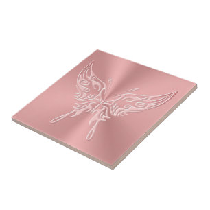 Pink Stylized Butterfly Round Tail, Embossed-look Ceramic Tile