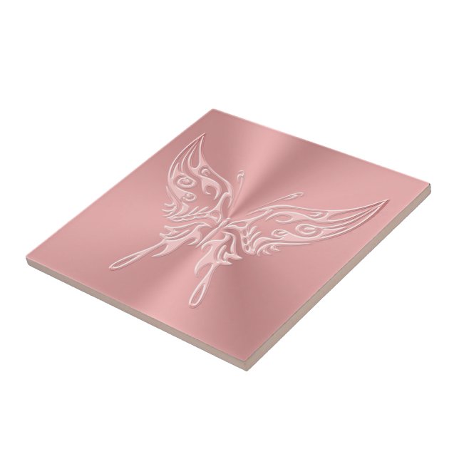 Pink Stylized Butterfly Round Tail, Embossed-look Ceramic Tile (Side)