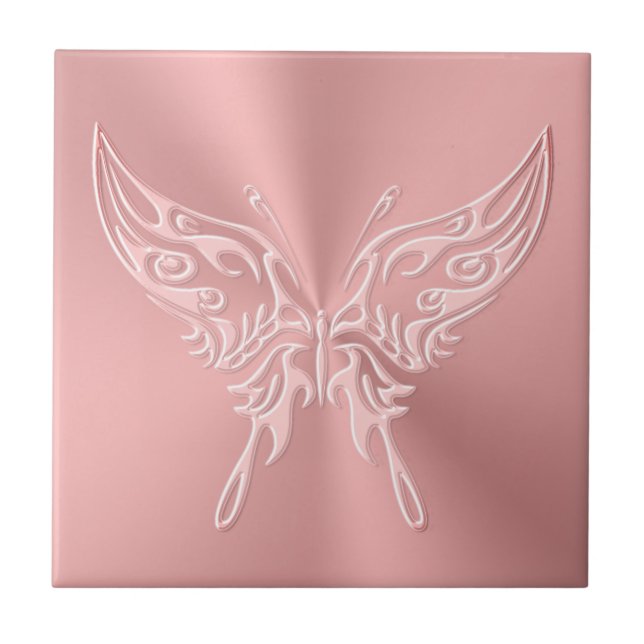 Pink Stylized Butterfly Round Tail, Embossed-look Ceramic Tile (Front)