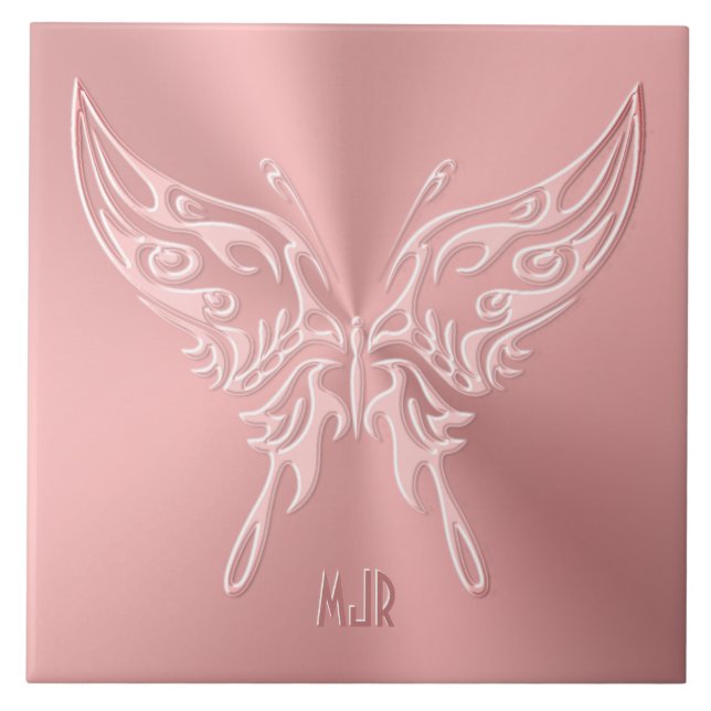 Pink Stylized Butterfly Round Tail, Embossed-look Ceramic Tile (Front)
